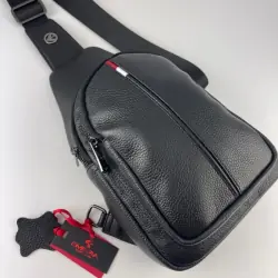 Сумка чоловіча через плече шкіряна Eminsa 40187 18-1 чорна з червоно-білою вставкою