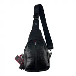 Сумка чоловіча через плече під крокодилячу шкіру Eminsa 40187 15-1 чорна з червоно-білою вставкою