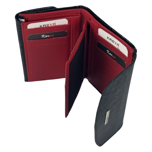 Кошелек женский кожаный лакированный Karya 2026-073 черный, внутри красный