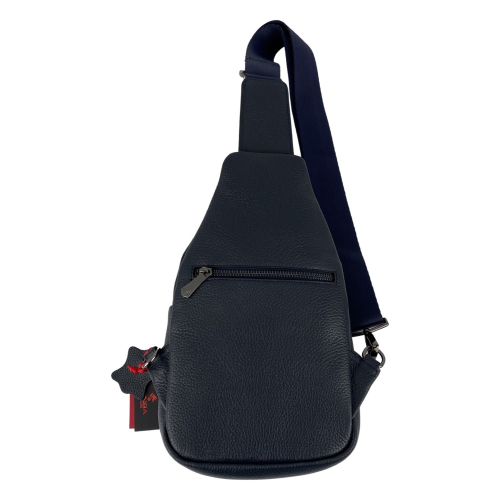 Сумка мужская через плечо кожаная Eminsa 40187 18-19 синяя с красно-белой вставкой