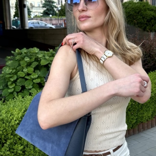 Сумка женская кожаная Vito Torelli 1065 6031/1082 синяя с замшевой вставкой