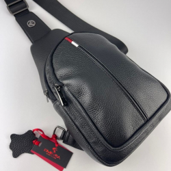Сумка чоловіча через плече шкіряна Eminsa 40187 18-1 чорна з червоно-білою вставкою
