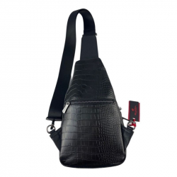 Сумка чоловіча через плече під крокодилячу шкіру Eminsa 40187 15-1 чорна з червоно-білою вставкою​