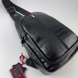 Сумка чоловіча через плече під крокодилячу шкіру Eminsa 40187 15-1 чорна з червоно-білою вставкою​