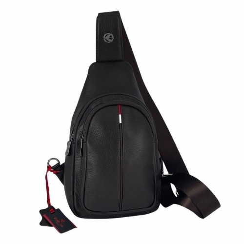 Сумка чоловіча через плече шкіряна Eminsa 40187 18-3 темно-коричнева з червоно-білою вставкою