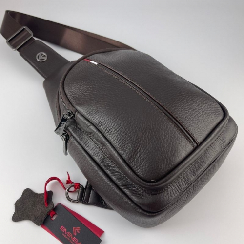 Сумка чоловіча через плече шкіряна Eminsa 40187 18-3 темно-коричнева з червоно-білою вставкою