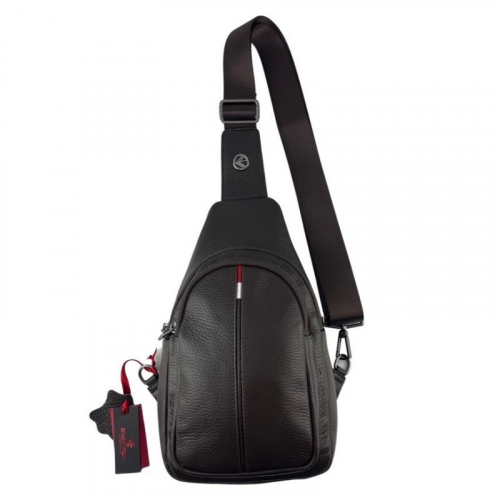 Сумка чоловіча через плече шкіряна Eminsa 40187 18-3 темно-коричнева з червоно-білою вставкою